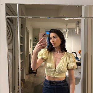 Altar'd State Pale Yellow Satin Puff-Sleeve Crop Top